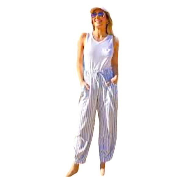 American Eagle Linen Beach Pants Size XS Blue and White Striped Paperbag Waist - Picture 1 of 11